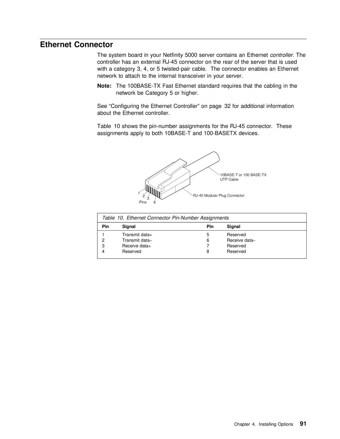 IBM 5000 manual Ethernet Connector Pin-Number Assignments 