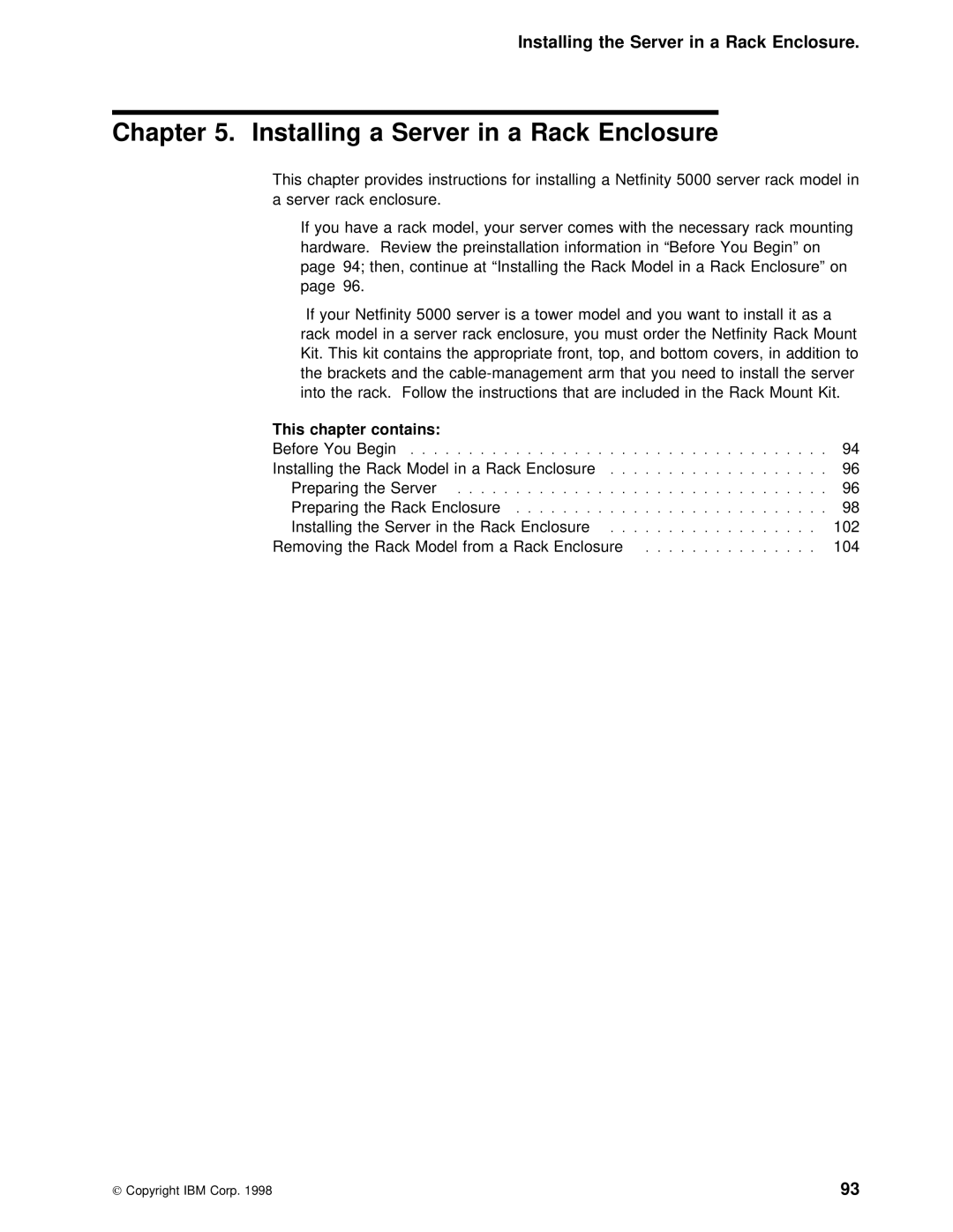 IBM 5000 manual Server Rack Enclosure, Installing the Server in a Rack Enclosure 