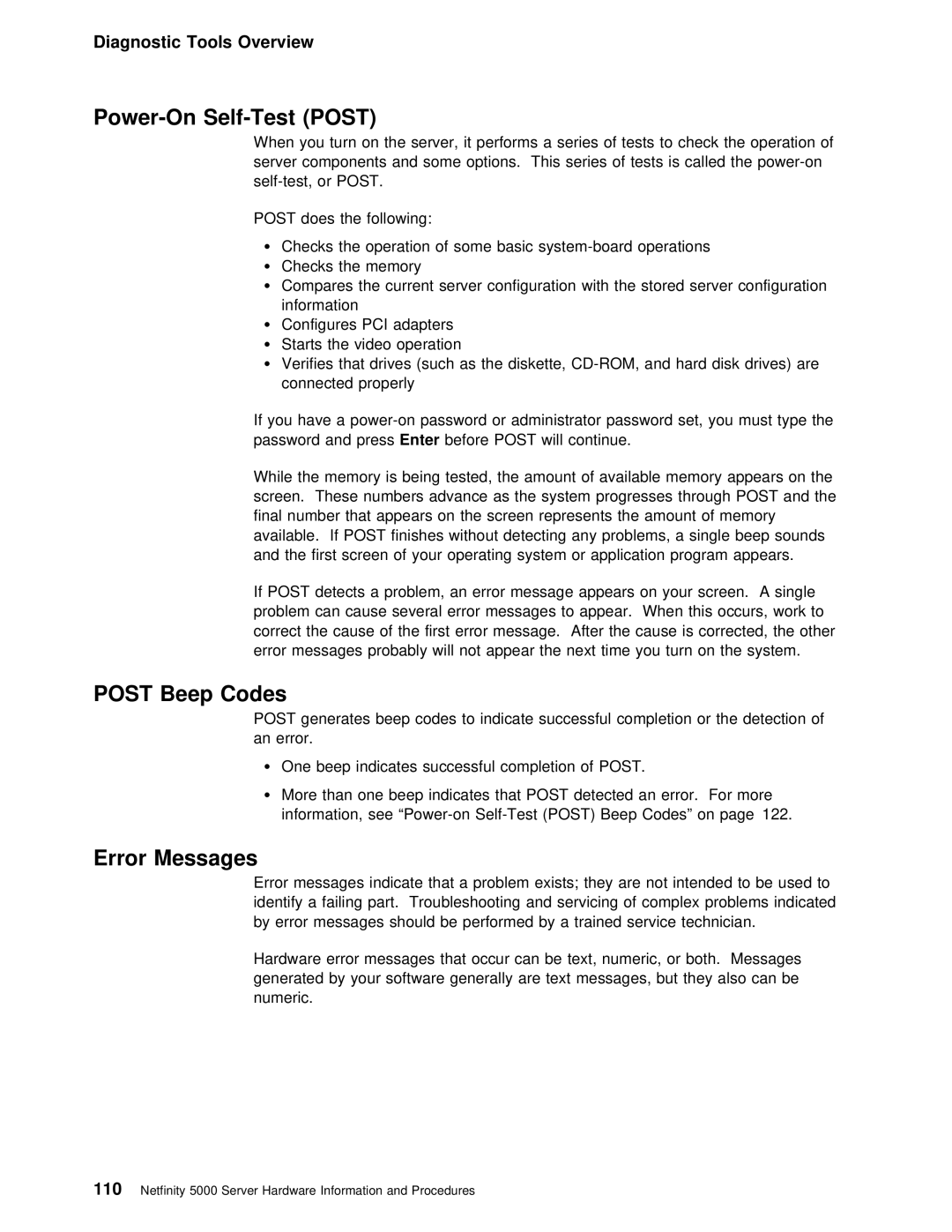 IBM 5000 manual Power-On Self-Test Post, Post Beep Codes, Error Messages 