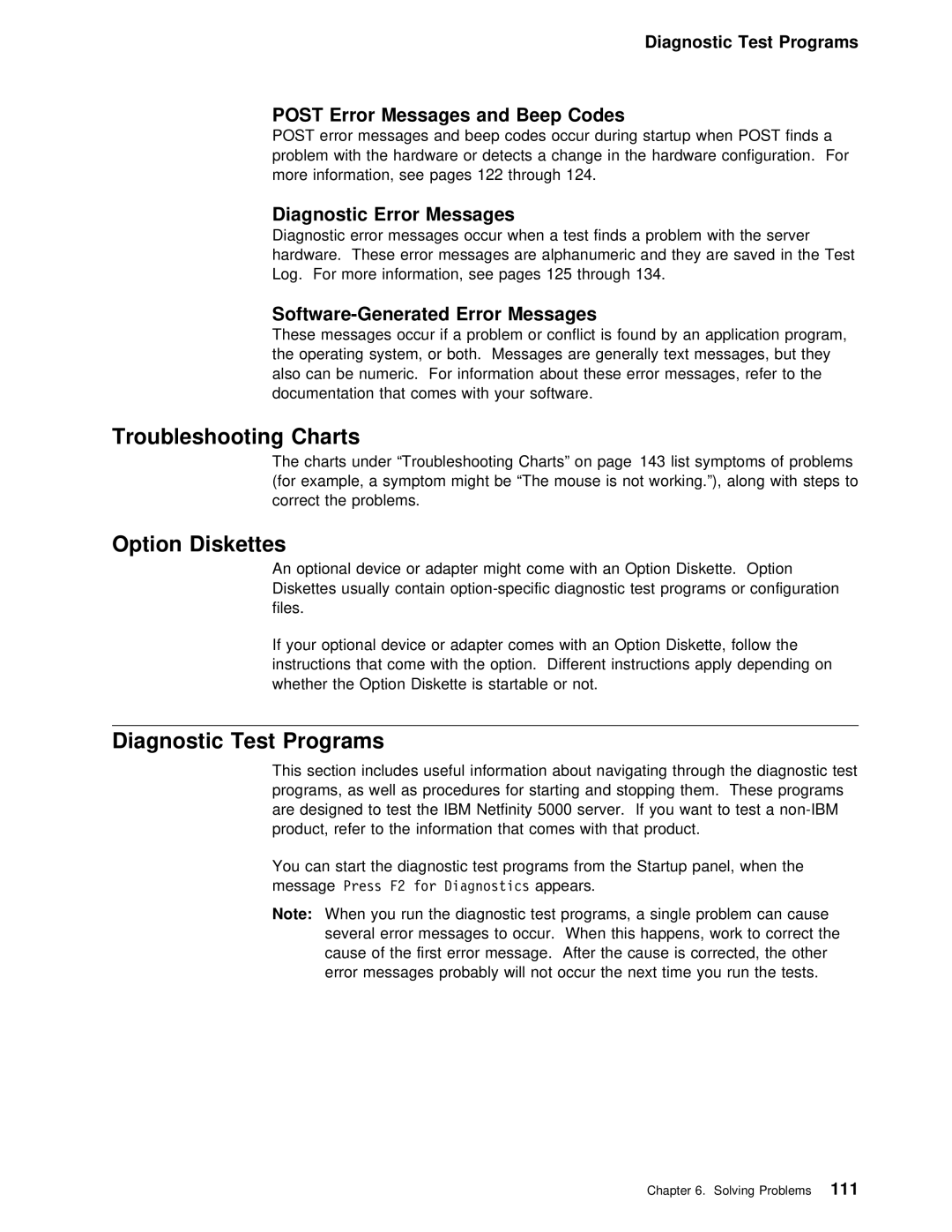 IBM 5000 manual Troubleshooting Charts, Option Diskettes, Post Error Messages and Beep Codes, Diagnostic Error Messages 