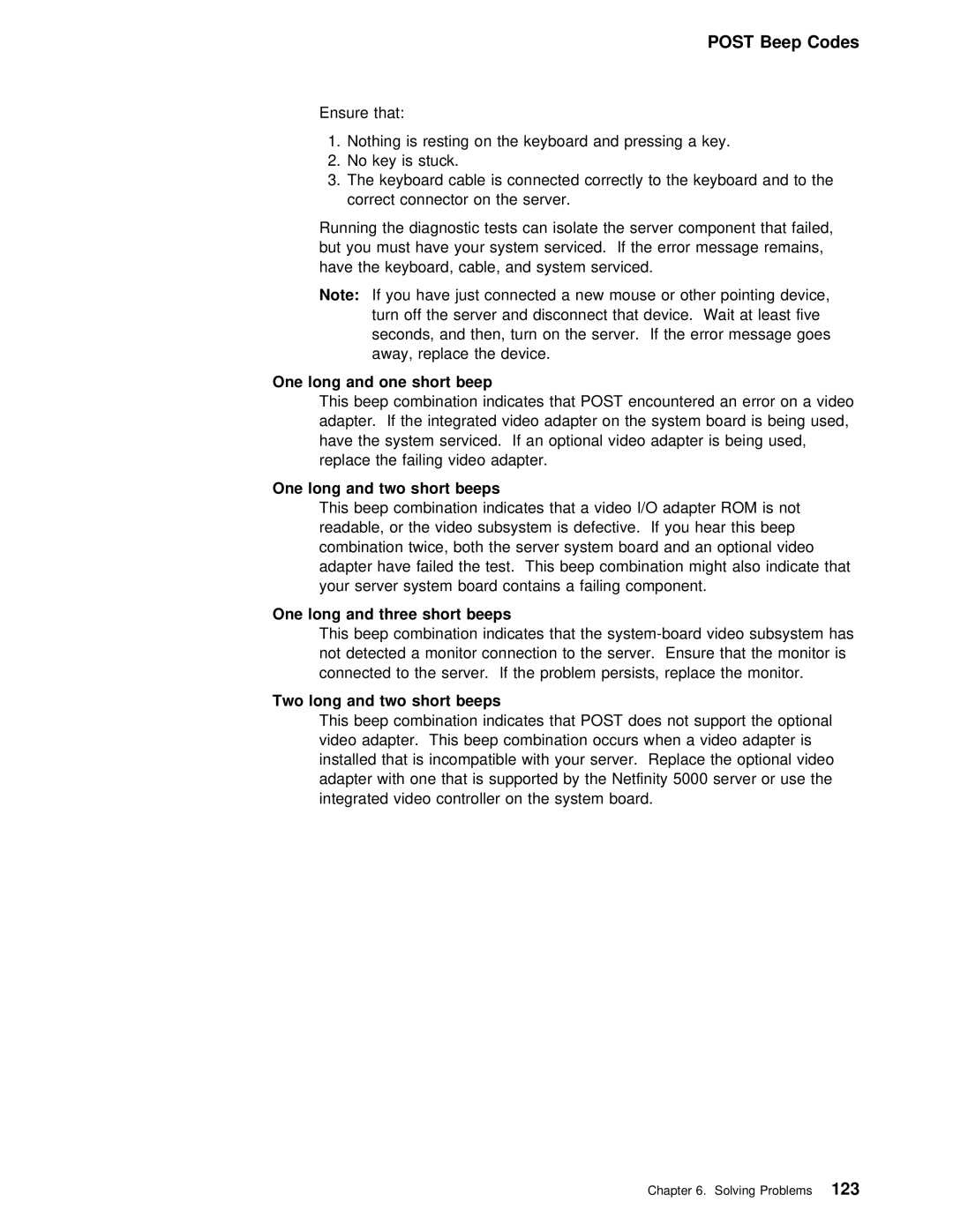 IBM 5000 manual One long and one short beep, One long and two short beeps, Two long and two short beeps 