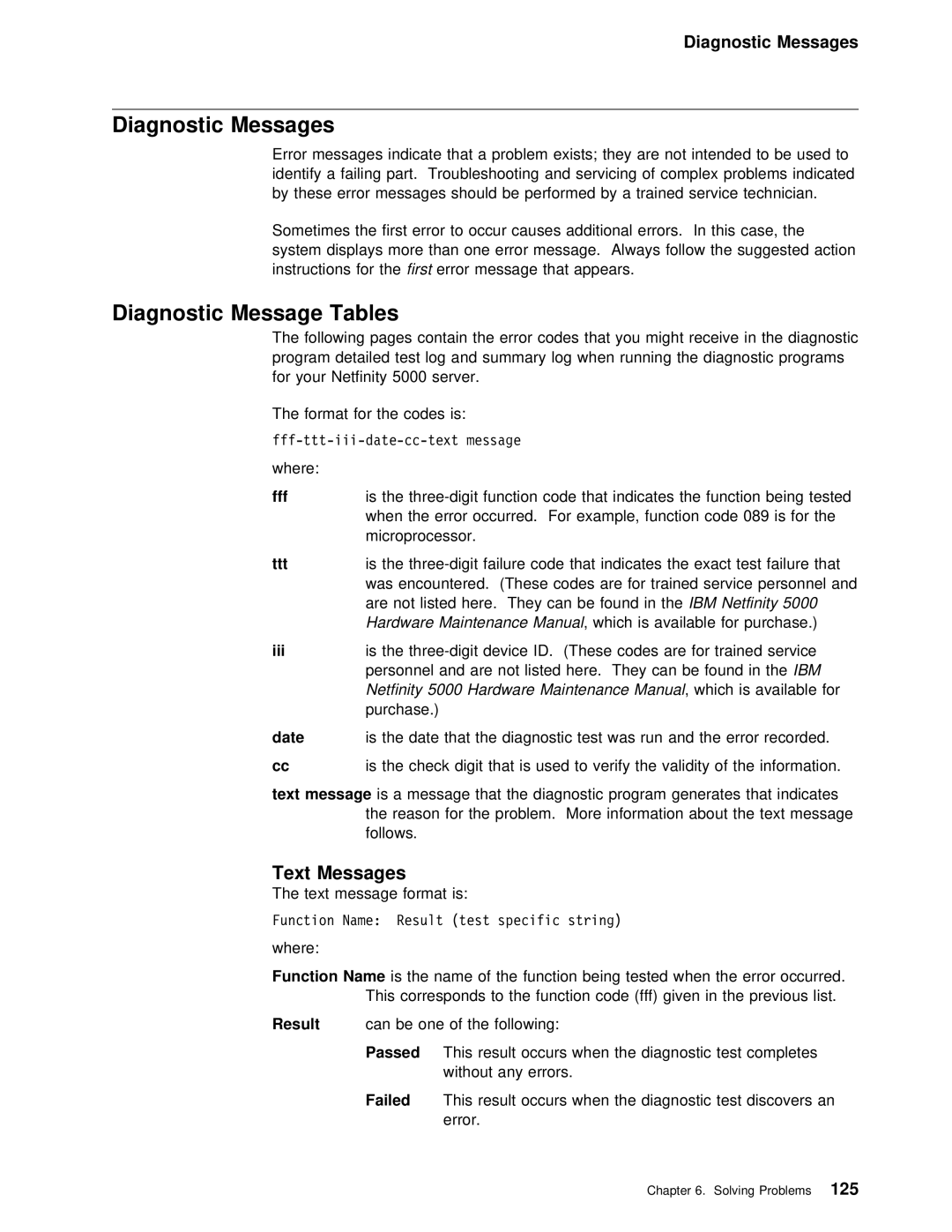 IBM 5000 manual Diagnostic Messages, Diagnostic Message Tables, Text Messages 