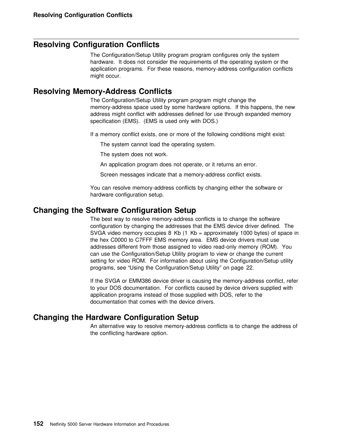 IBM 5000 manual Resolving Memory-Address Conflicts, Setup, Changing the Software, Changing the Hardware 