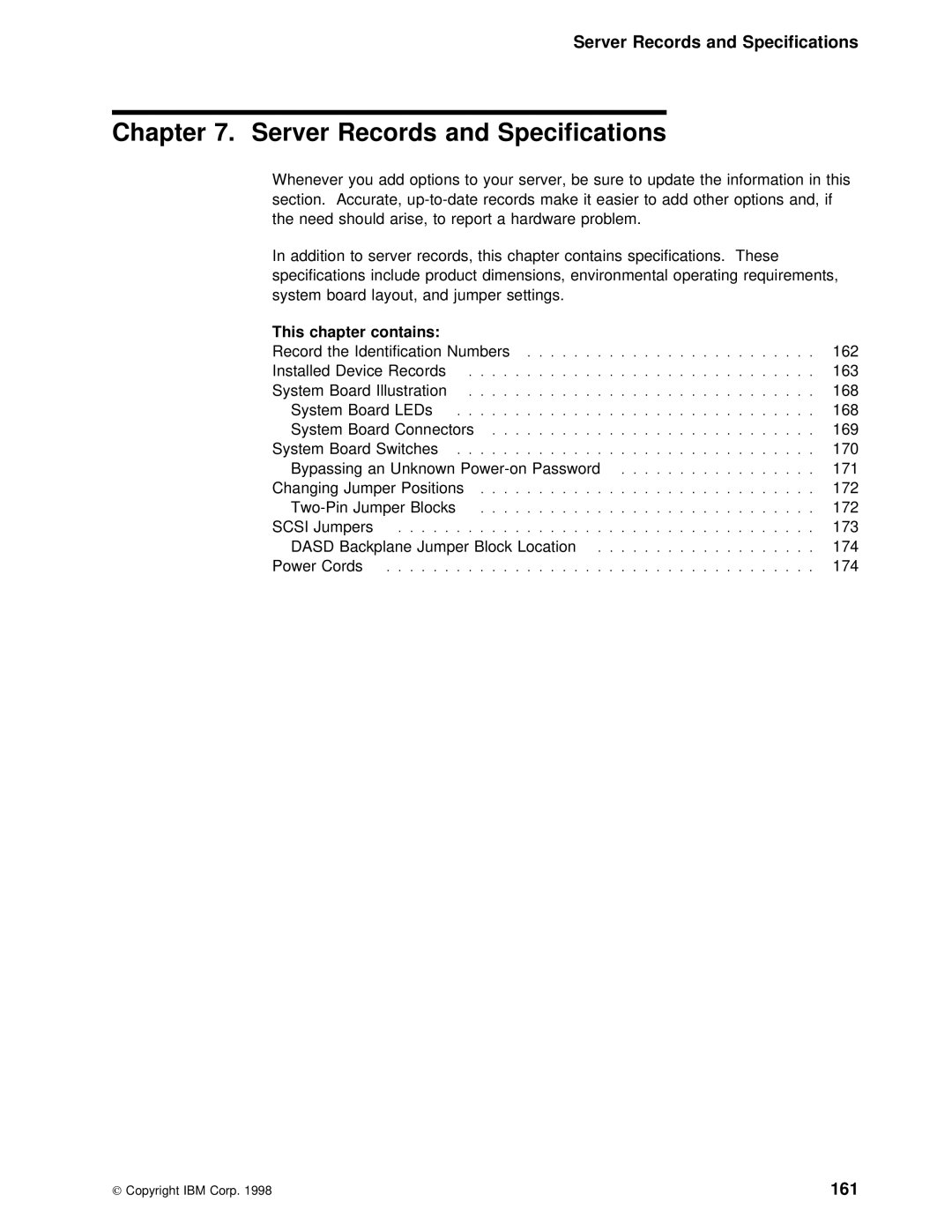 IBM 5000 manual Server Records and Specifications, 161 