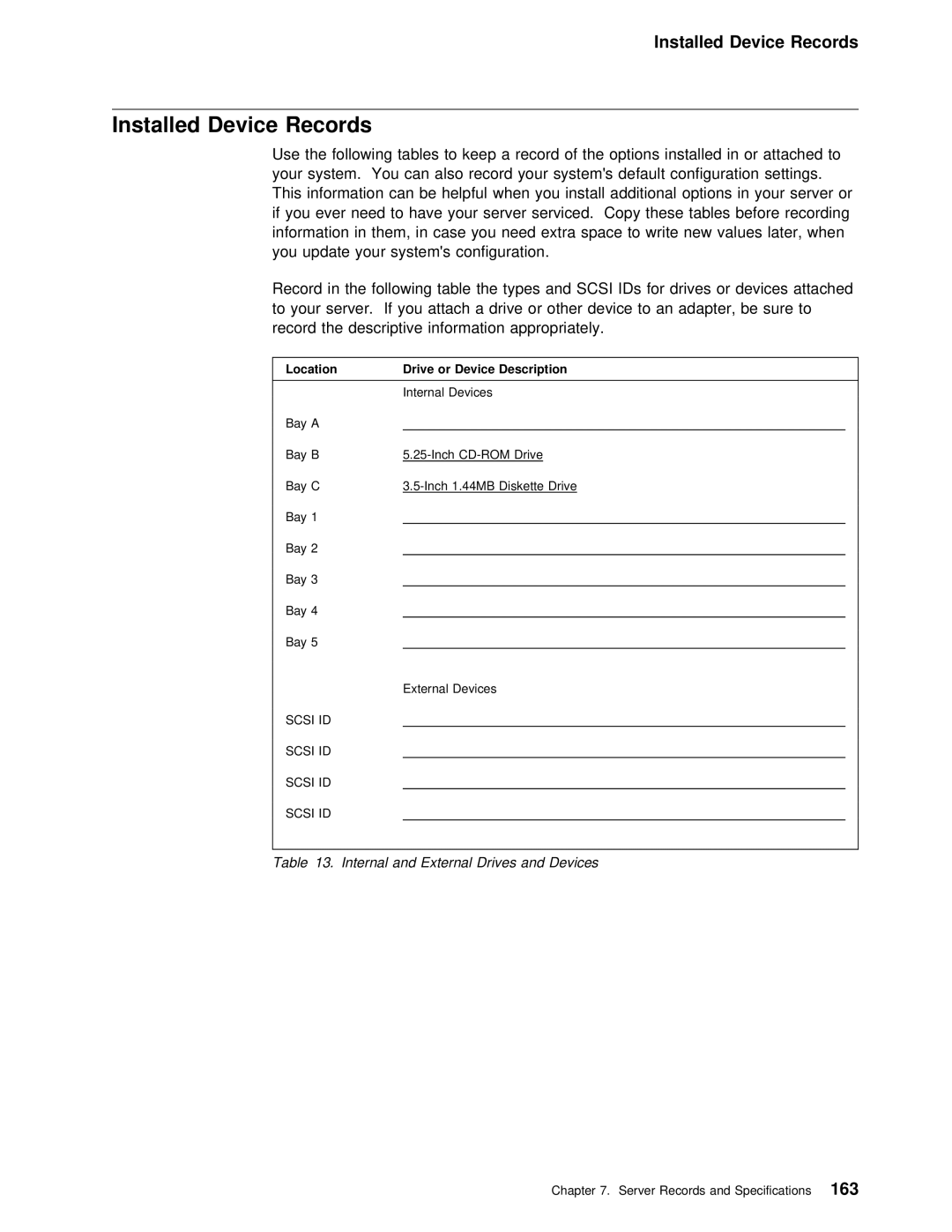 IBM 5000 manual Installed Device Records, Internal and External Drives and Devices 