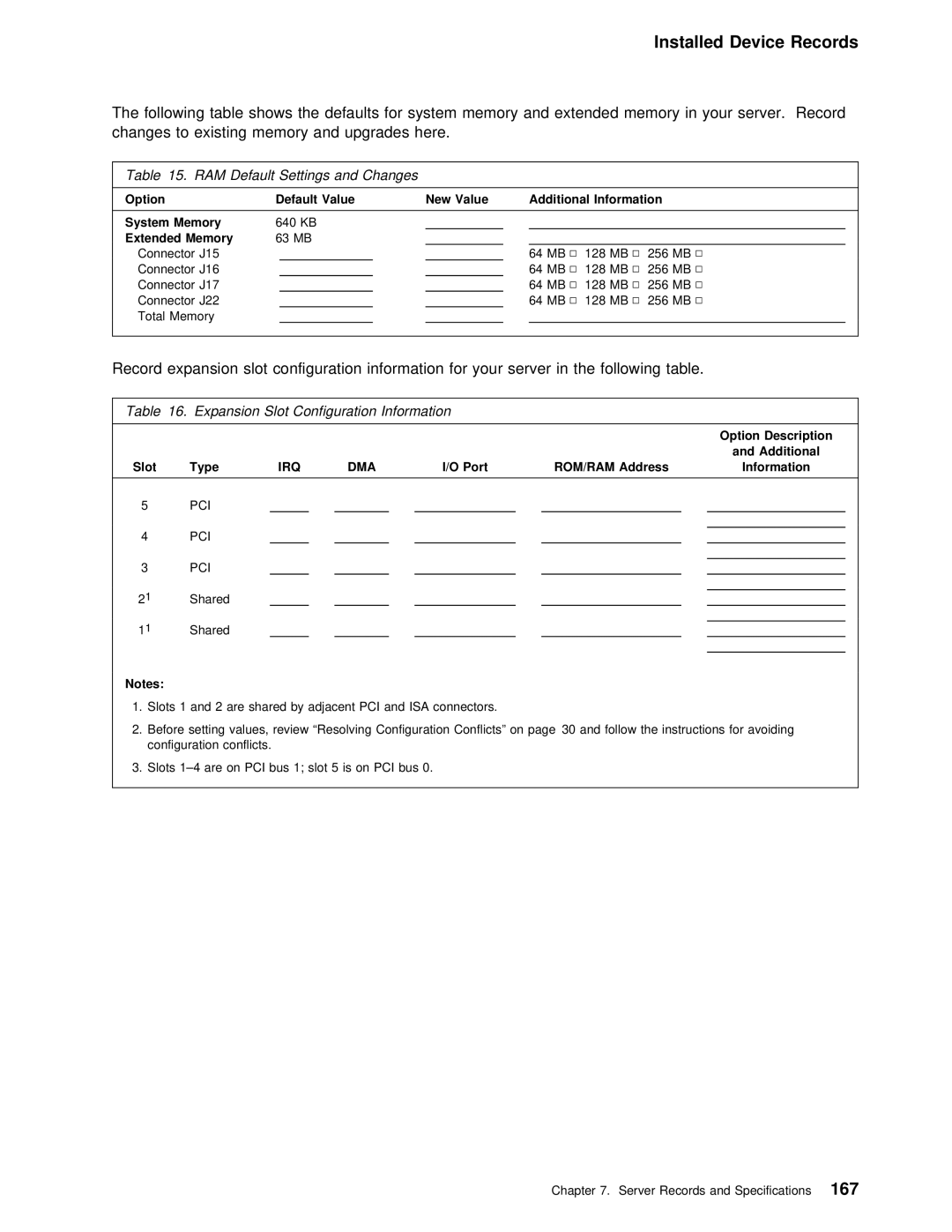 IBM 5000 manual RAM Default Settings and Changes, Expansion Slot Configuration Information 