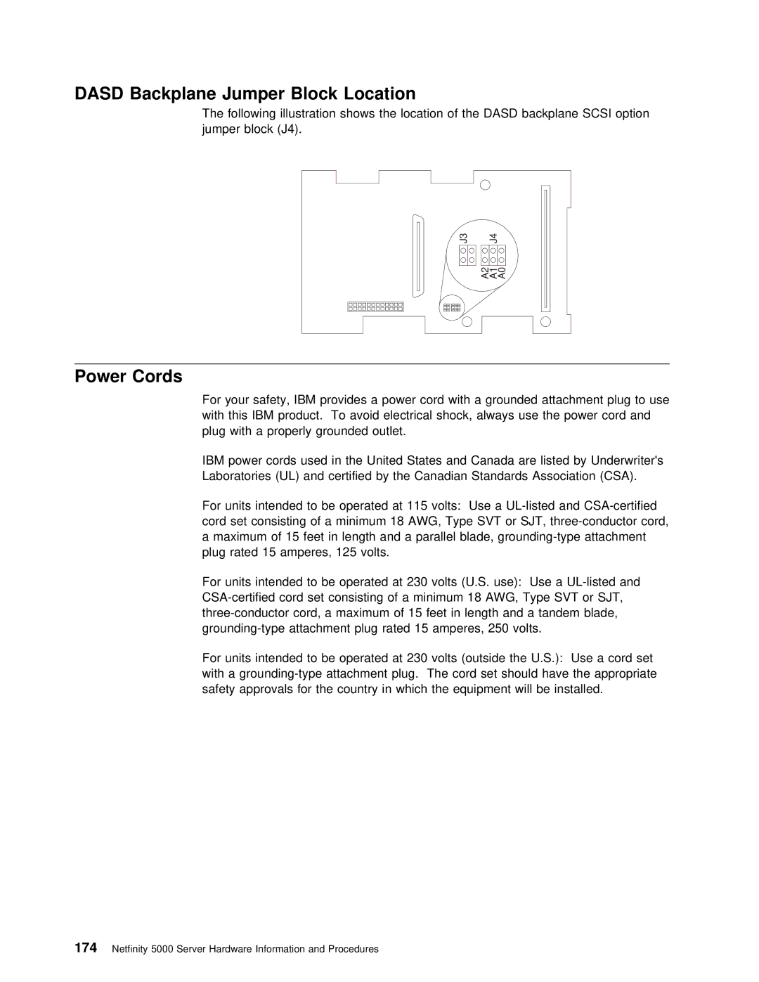 IBM 5000 manual Dasd Backplane Jumper Block Location, Power Cords, Awg, Svt Sjt 