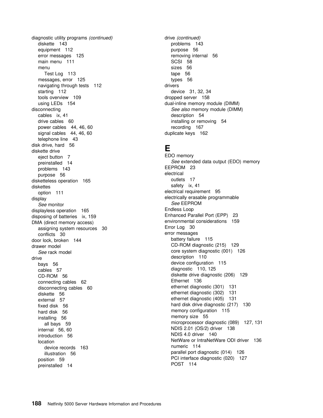 IBM 5000 manual See rack, Drive problems 143 purpose 56 removing internal 56 Scsi, See extended Data Output EDO memory 