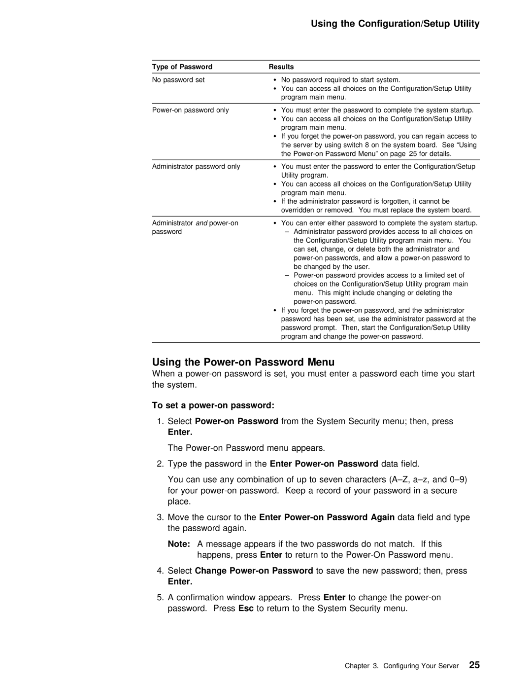 IBM 5000 manual Using the Power-on Password Menu, To set a power-on password, Password Results 