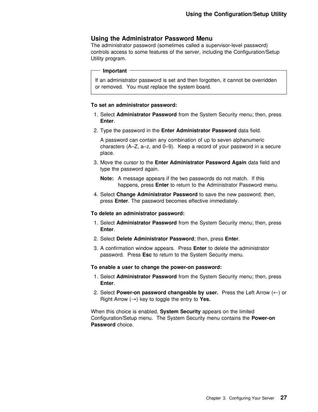 IBM 5000 manual Using the Administrator Password Menu, To set an, To delete, To enable a User, Again 