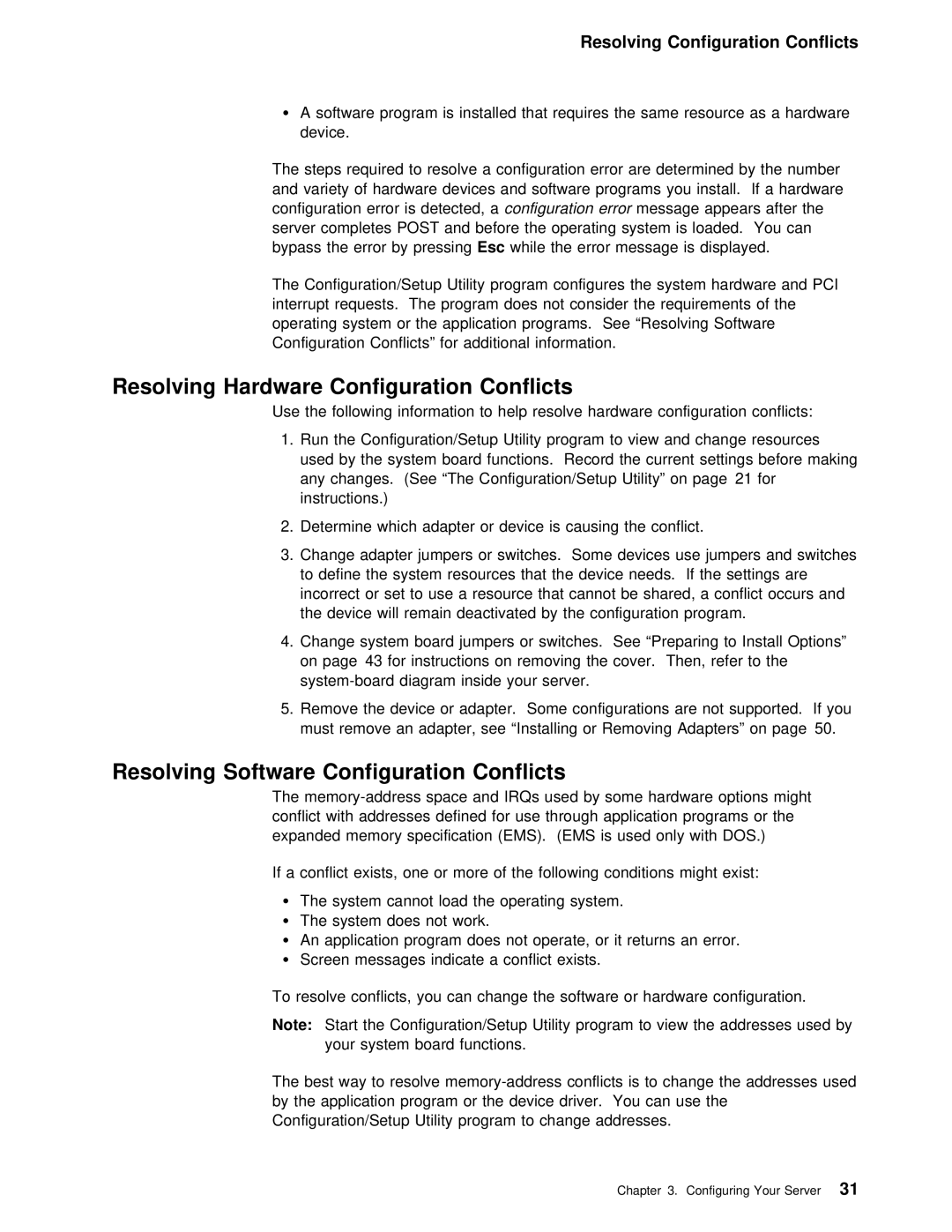 IBM 5000 manual Conflicts, Resolving Hardware Configuration, Resolving Software Configuration 