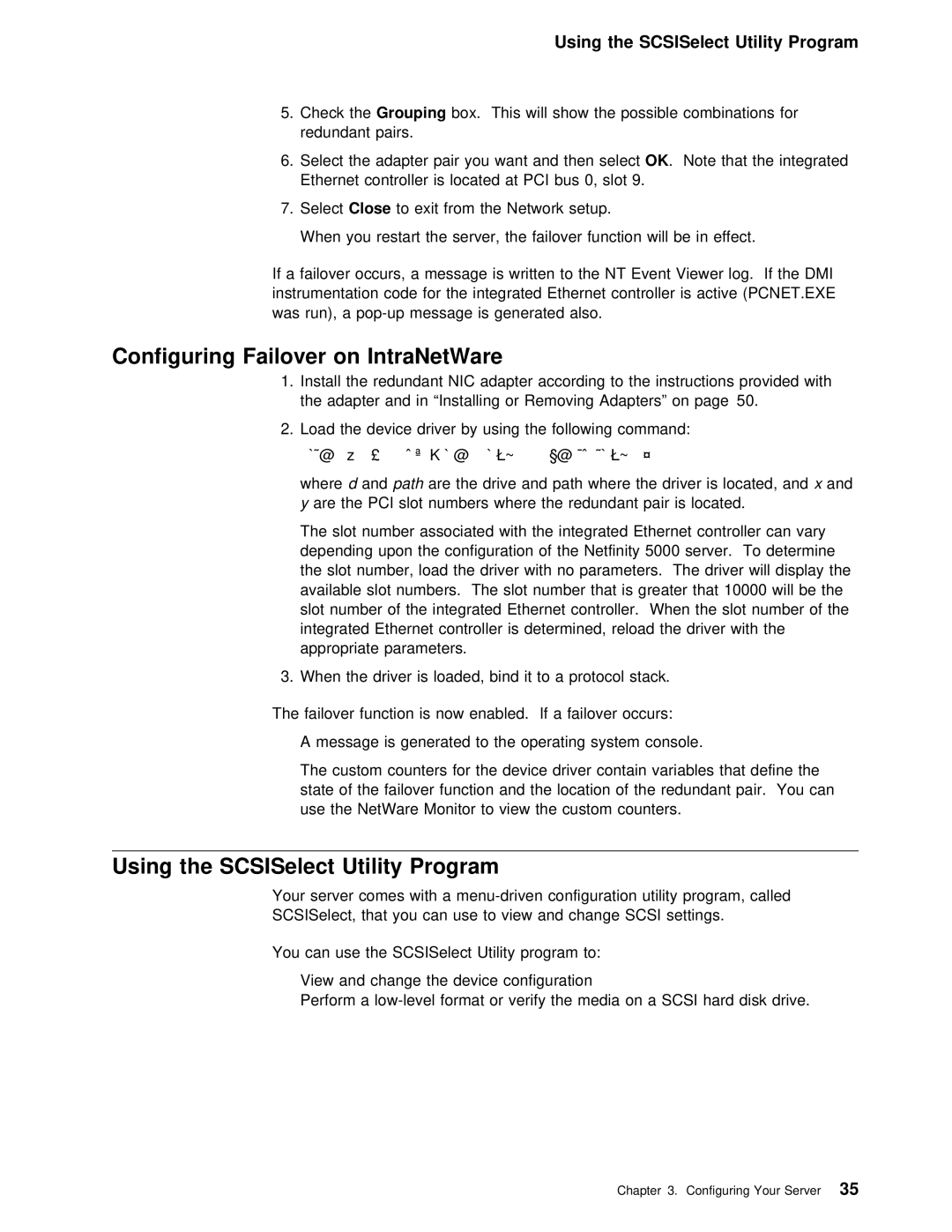 IBM 5000 manual Configuring Failover on IntraNetWare, Using the SCSISelect Utility Program 