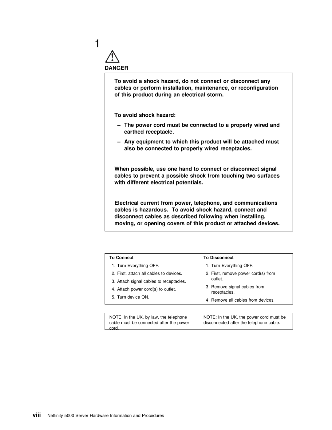 IBM 5000 manual Hazard, do not connect or disconnect any, This, Shock hazard, Must, Also, Surfaces, With, Avoid, Devices 