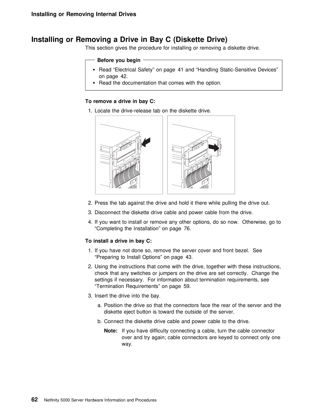 IBM 5000 manual Diskette Drive, To remove a drive in bay C, To install a drive in bay C 