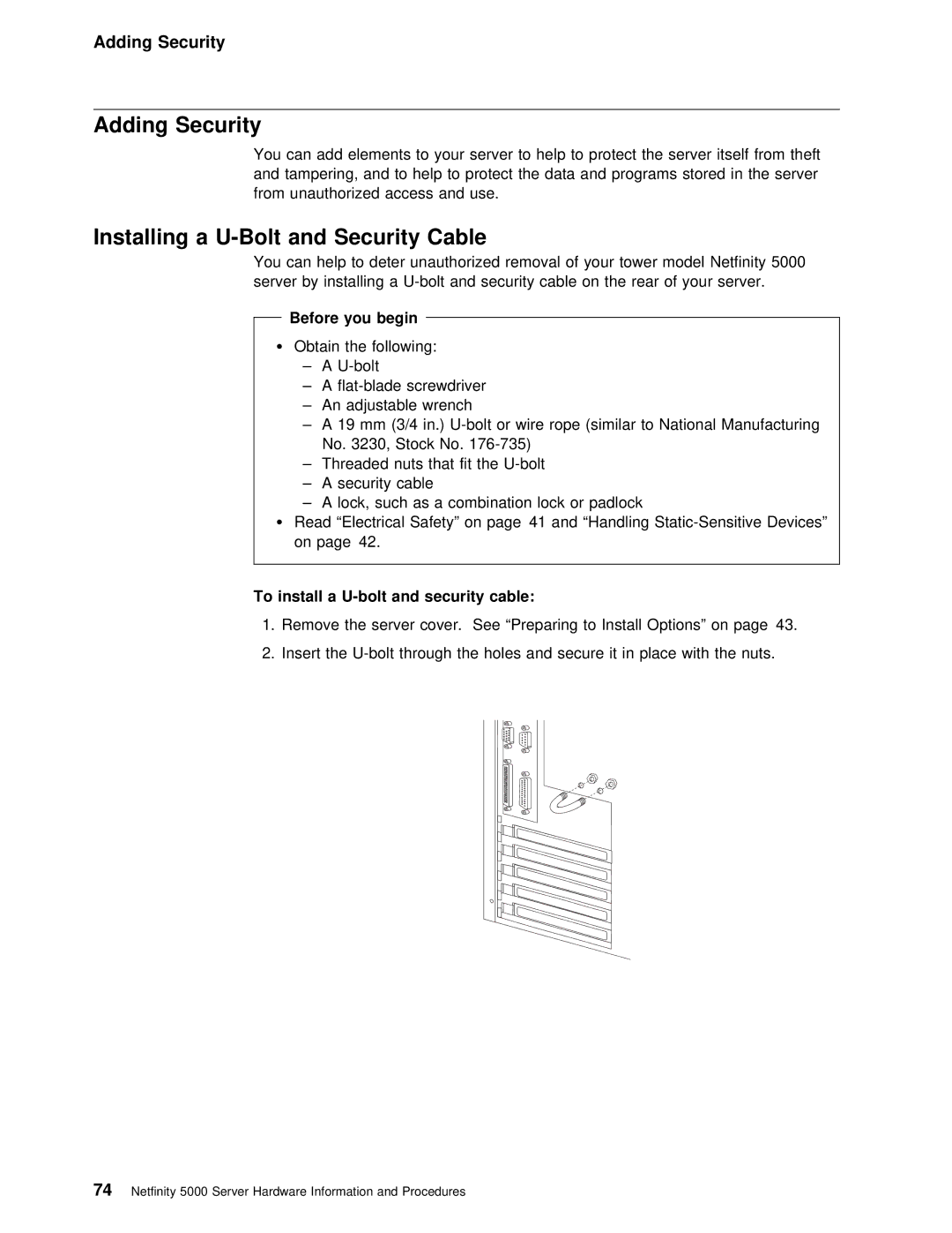 IBM 5000 manual Adding Security, Installing a U-Bolt, Cable, To install a U-bolt and security cable 