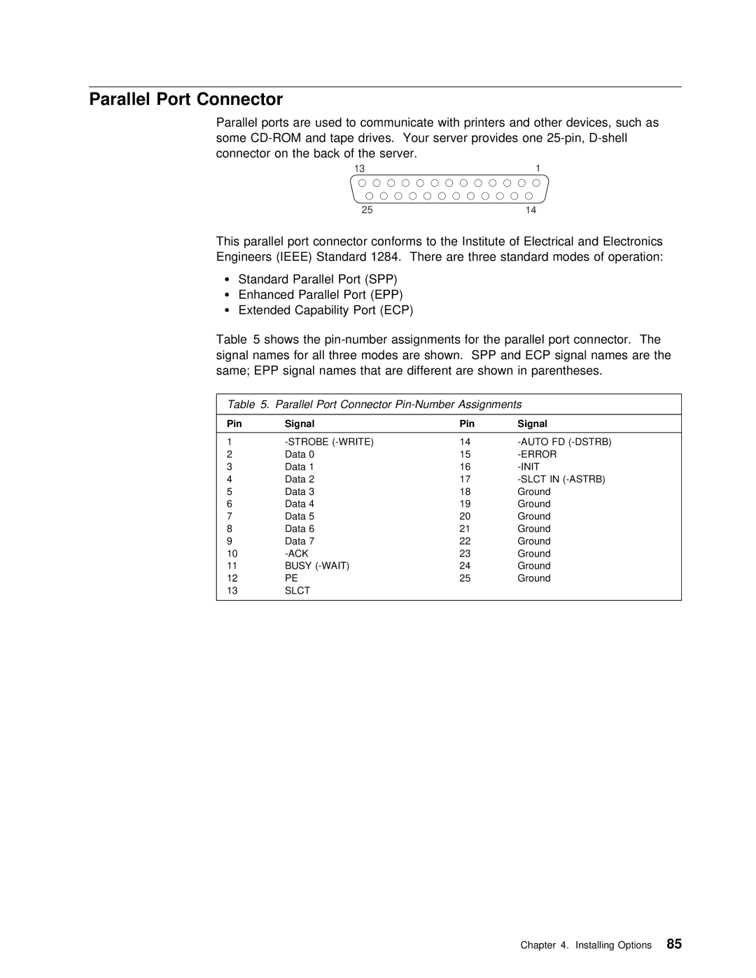 IBM 5000 manual Parallel Port Connector Pin-Number Assignments 