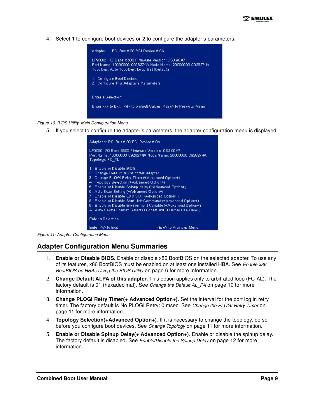 IBM 5.01 user manual Adapter Configuration Menu Summaries 