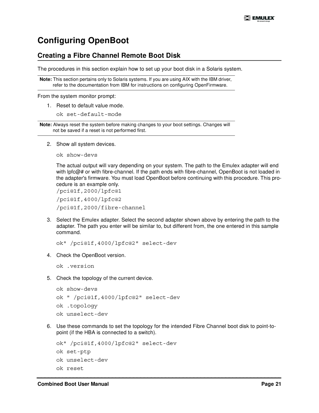 IBM 5.01 user manual Configuring OpenBoot, Creating a Fibre Channel Remote Boot Disk, Pci@1f,2000/lpfc@1 