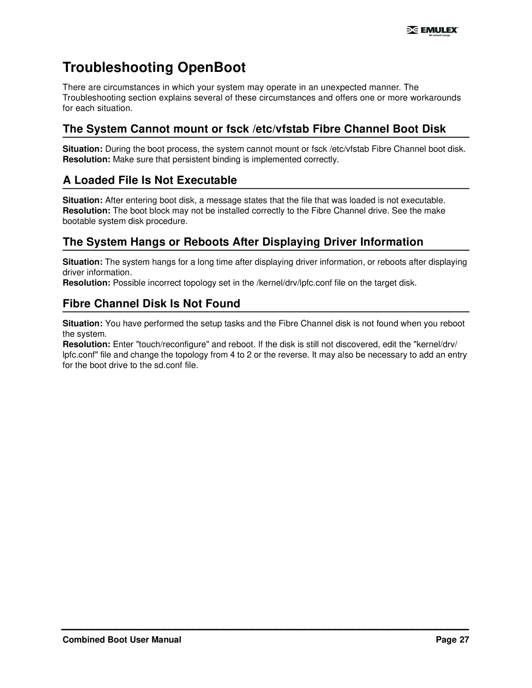 IBM 5.01 user manual Troubleshooting OpenBoot, Loaded File Is Not Executable, Fibre Channel Disk Is Not Found 