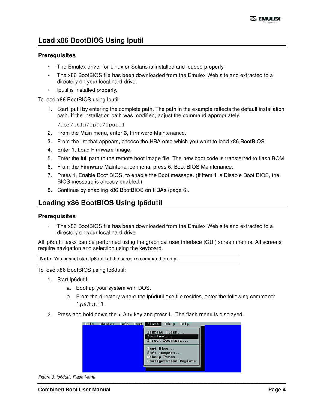 IBM 5.01 user manual Load x86 BootBIOS Using lputil, Loading x86 BootBIOS Using lp6dutil 