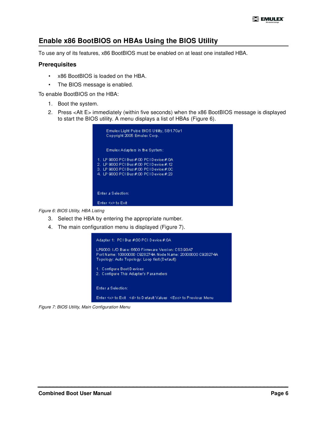 IBM 5.01 user manual Enable x86 BootBIOS on HBAs Using the Bios Utility, Bios Utility, HBA Listing 