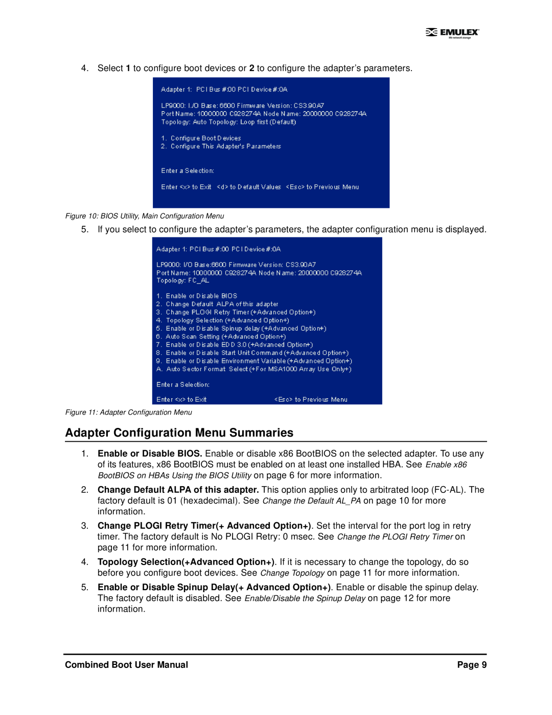 IBM 5.01 user manual Adapter Configuration Menu Summaries, Page, BIOS Utility, Main Configuration Menu 