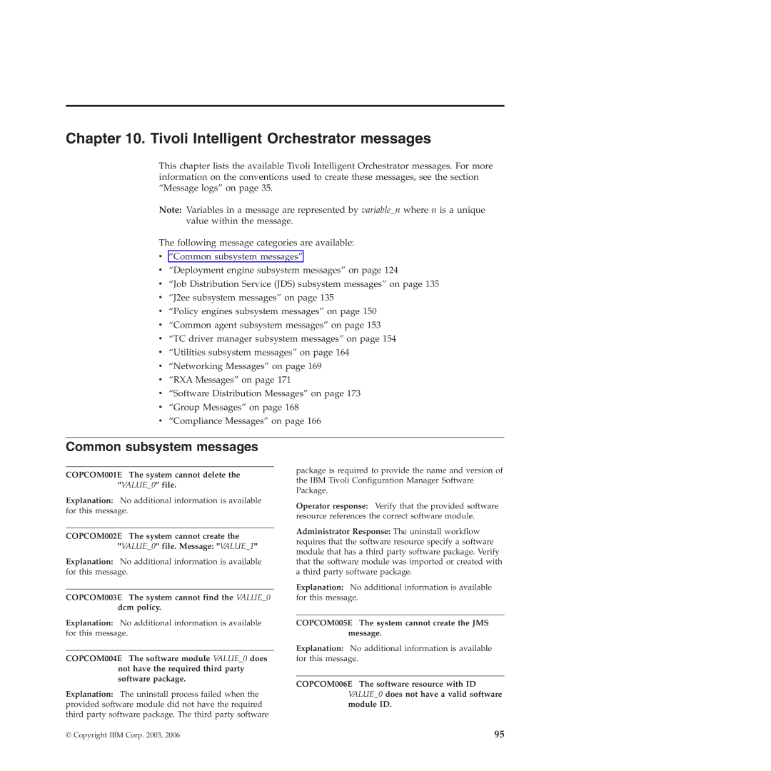 IBM 51 manual Tivoli Intelligent Orchestrator messages, Common subsystem messages 