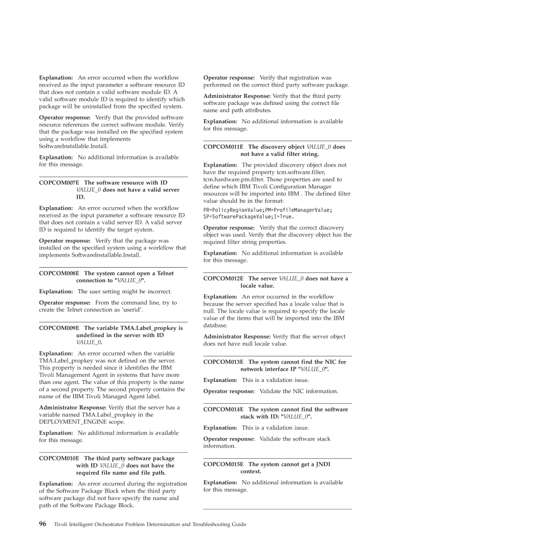 IBM 51 manual COPCOM012E The server VALUE0 does not have a locale value, COPCOM015E The system cannot get a Jndi context 