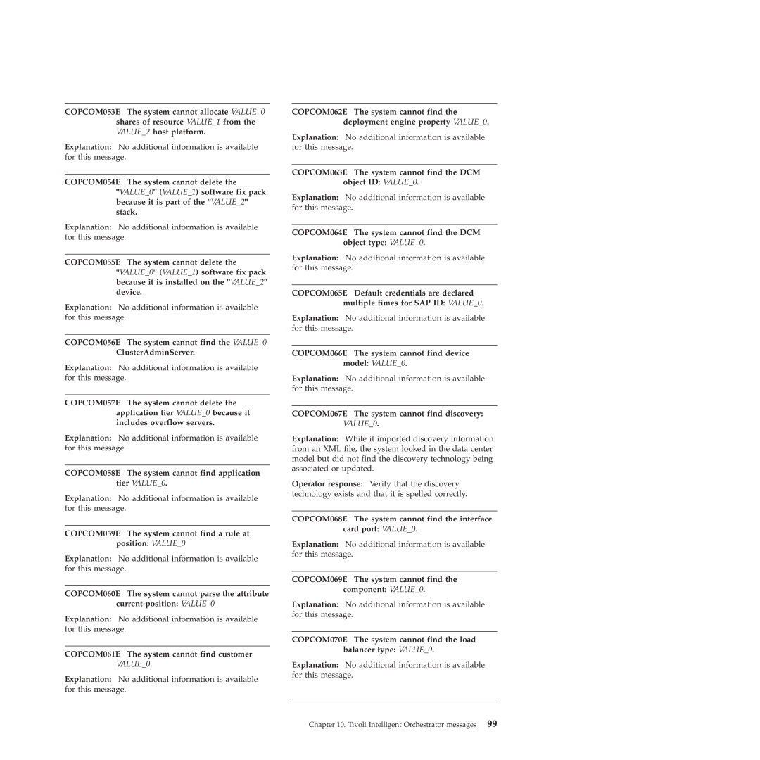 IBM 51 manual COPCOM058E The system cannot find application tier VALUE0, COPCOM061E The system cannot find customer VALUE0 