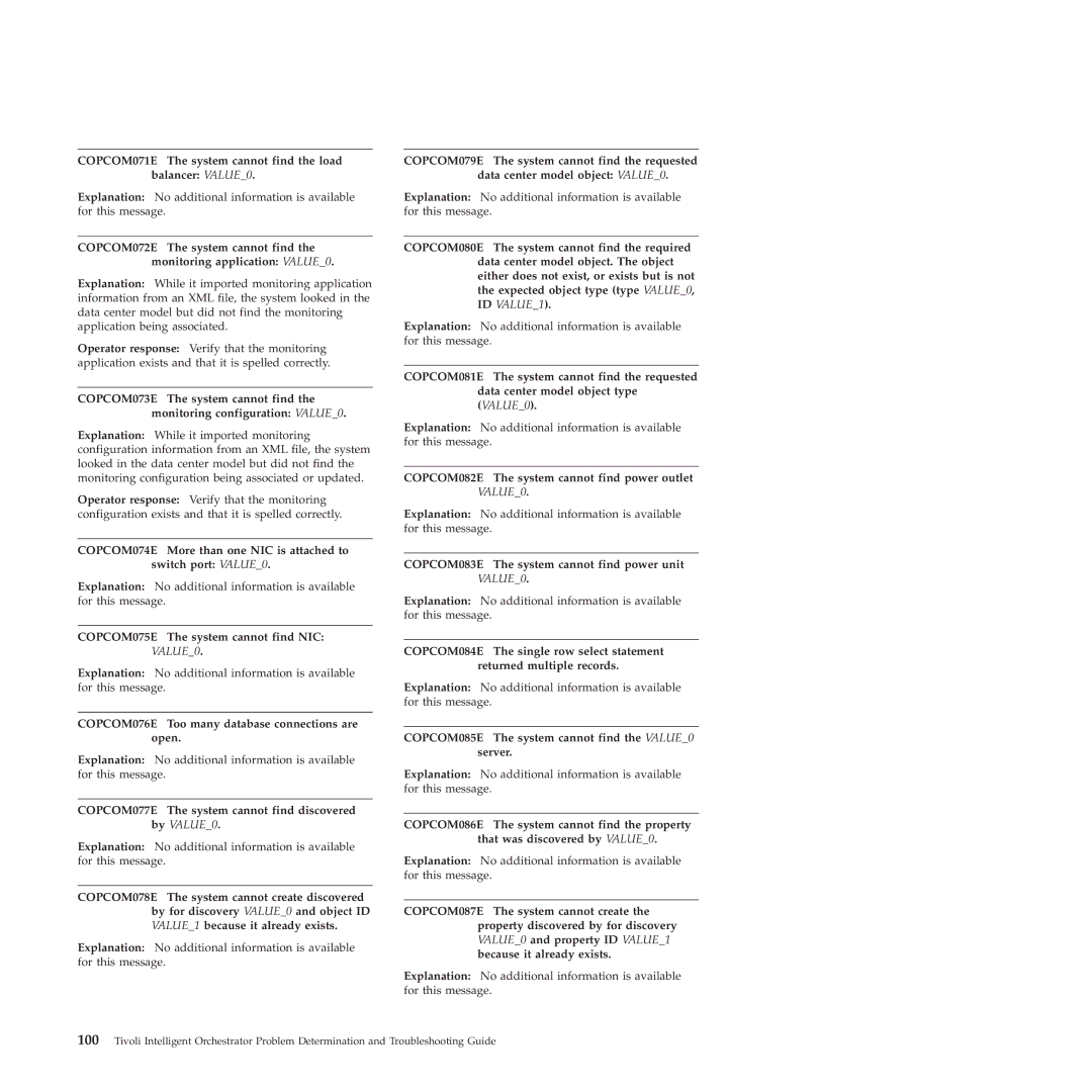 IBM 51 manual COPCOM071E The system cannot find the load balancer VALUE0, COPCOM075E The system cannot find NIC VALUE0 