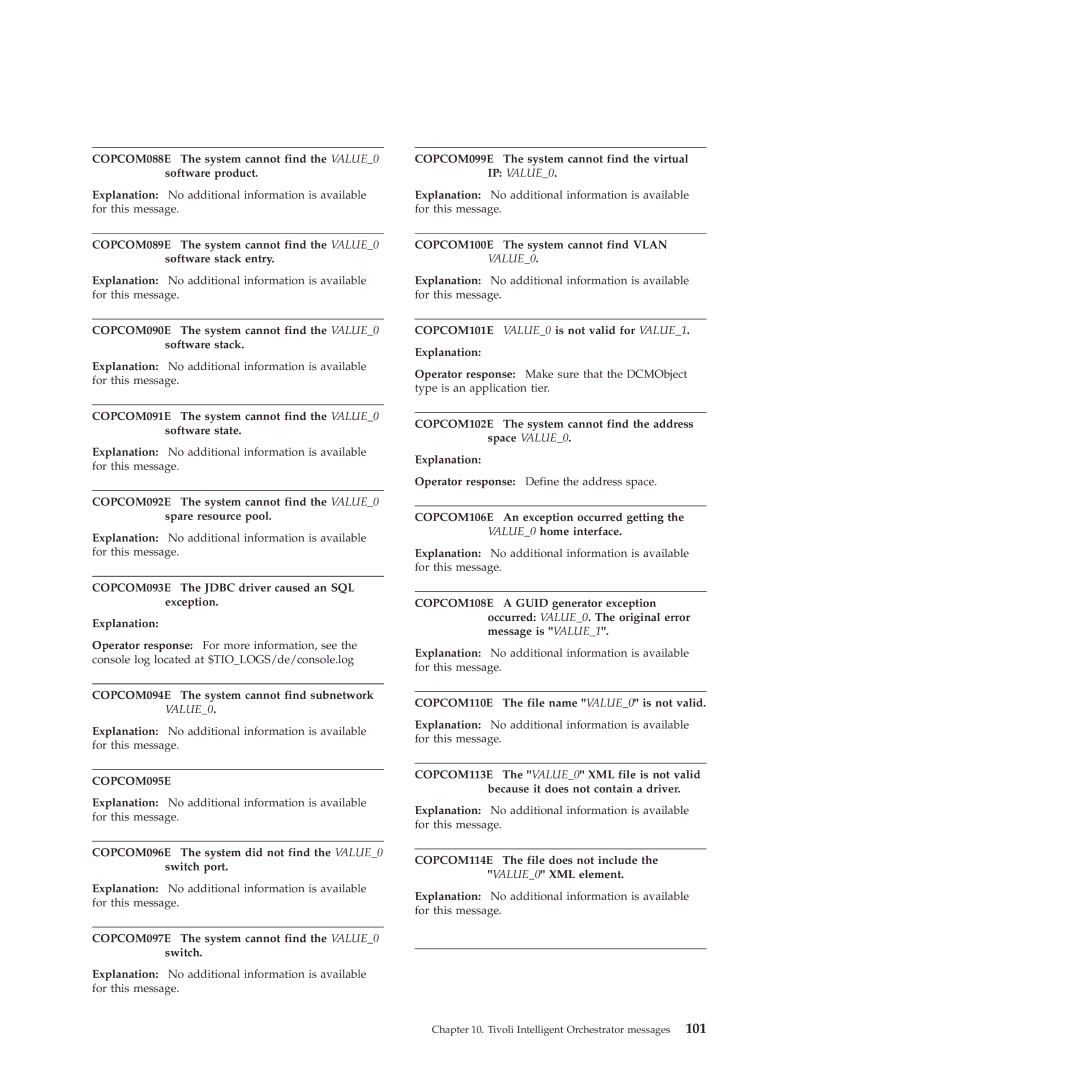 IBM 51 COPCOM090E The system cannot find the VALUE0 software stack, COPCOM094E The system cannot find subnetwork VALUE0 