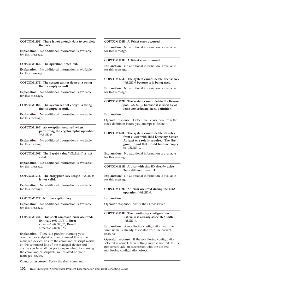 IBM 51 manual COPCOM115E There is not enough data to complete the task, COPCOM116E The operation timed out 