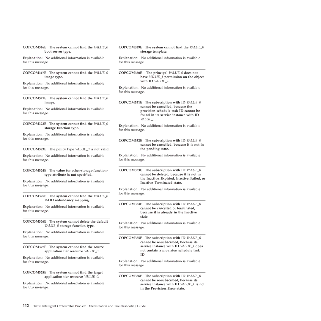 IBM 51 manual COPCOM317E The system cannot find the VALUE0 image type, COPCOM321E The system cannot find the VALUE0 image 