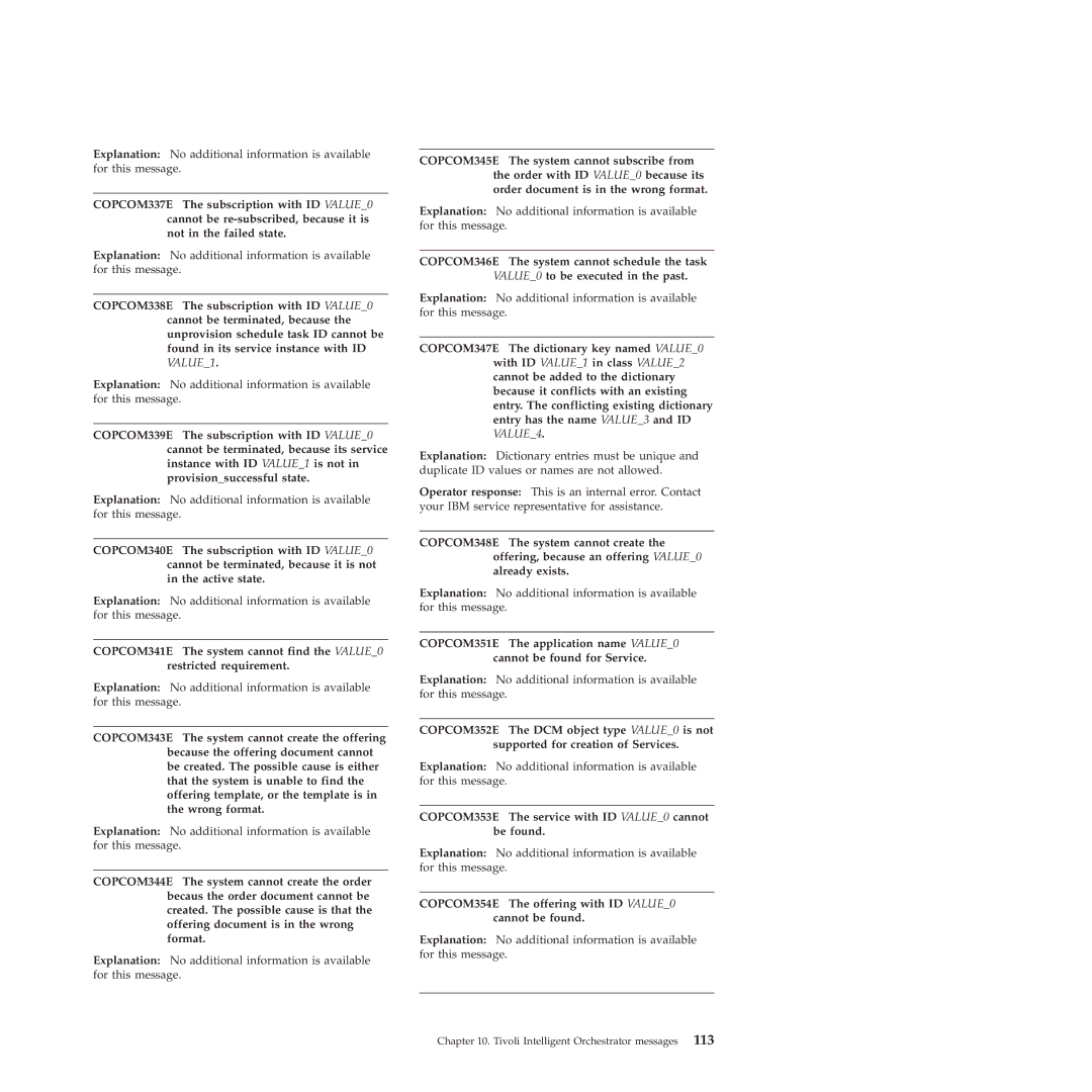 IBM 51 manual COPCOM353E The service with ID VALUE0 cannot be found, COPCOM354E The offering with ID VALUE0 cannot be found 