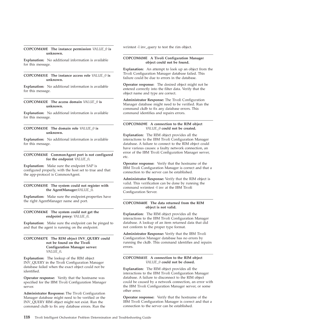 IBM 51 manual COPCOM430E The instance permission VALUE0 is unknown, COPCOM431E The instance access role VALUE0 is unknown 