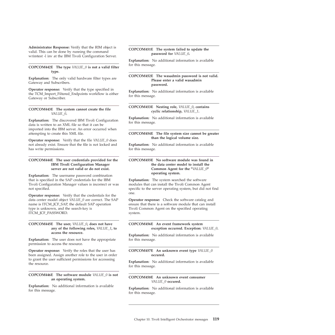 IBM 51 manual COPCOM442E The type VALUE0 is not a valid filter type, COPCOM443E The system cannot create the file VALUE0 