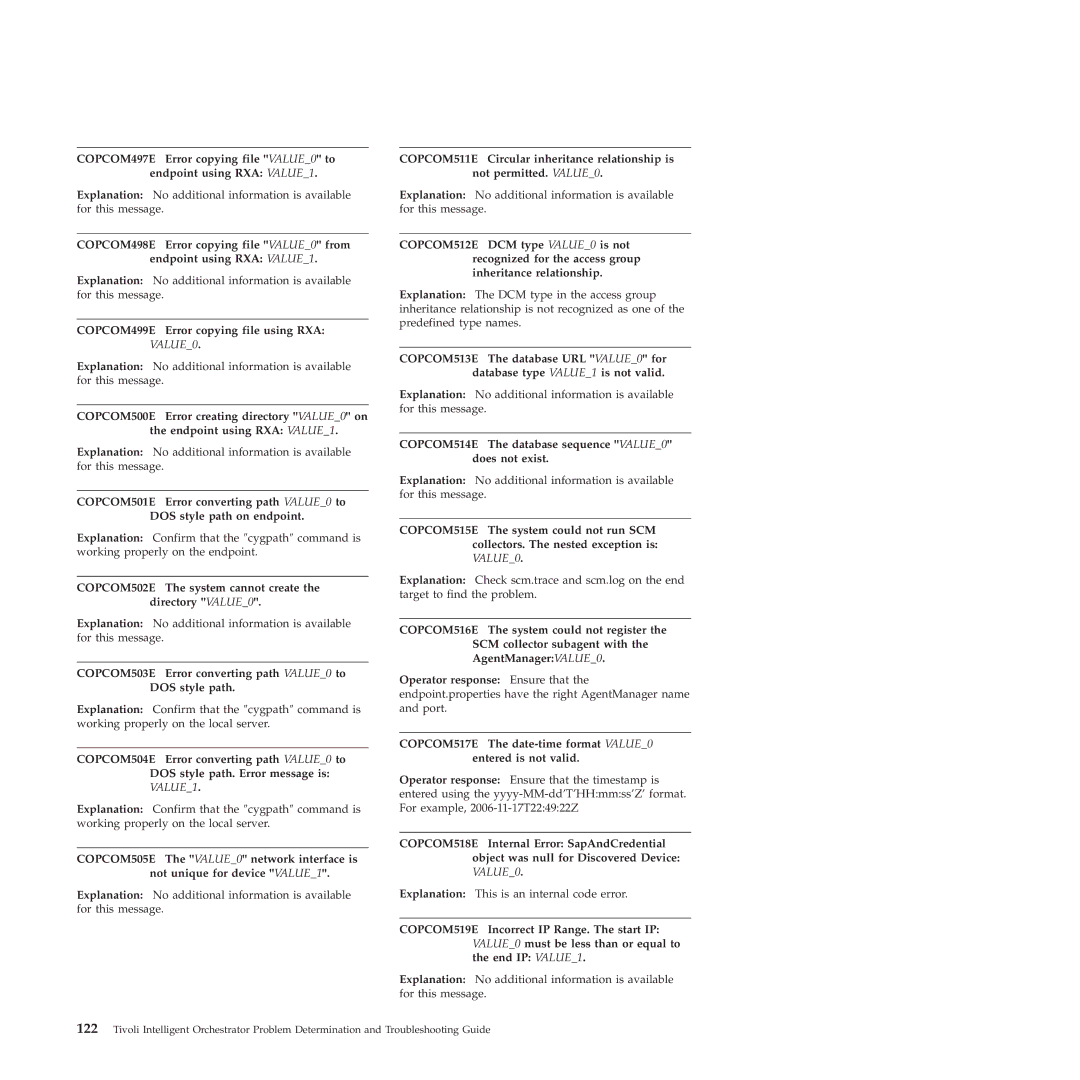 IBM 51 manual COPCOM499E Error copying file using RXA VALUE0, COPCOM502E The system cannot create the directory VALUE0 