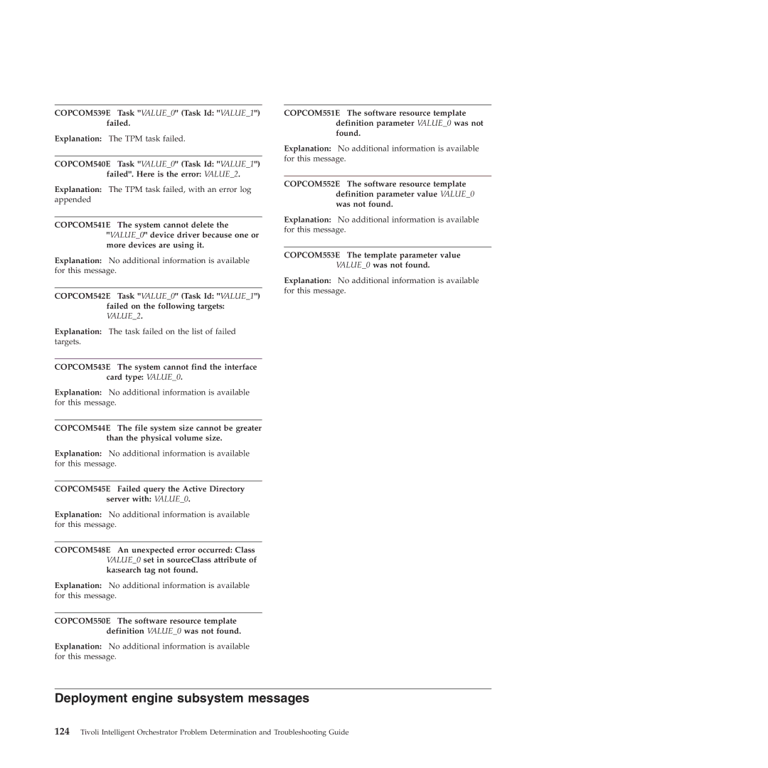 IBM 51 manual Deployment engine subsystem messages, COPCOM539E Task VALUE0 Task Id VALUE1 failed 