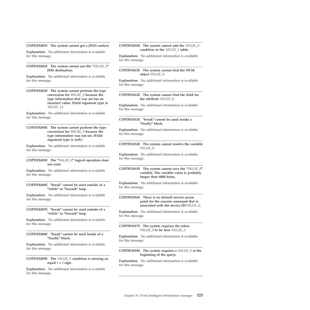 IBM 51 manual COPDEX001E The system cannot get a Jndi context, COPDEX002E The system cannot use the VALUE0 JMS destination 