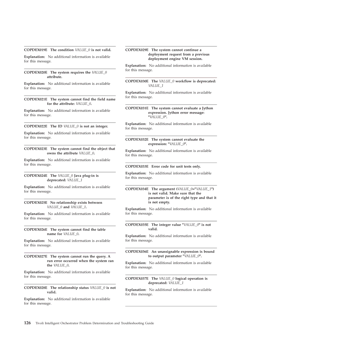 IBM 51 manual COPDEX019E The condition VALUE0 is not valid, COPDEX020E The system requires the VALUE0 attribute 