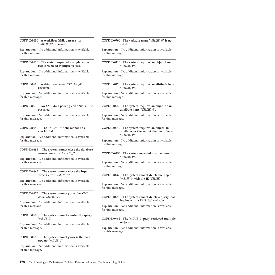 IBM 51 manual COPDEX060E a workflow XML parser error VALUE0 occurred, COPDEX062E a data insert error VALUE0 occurred 