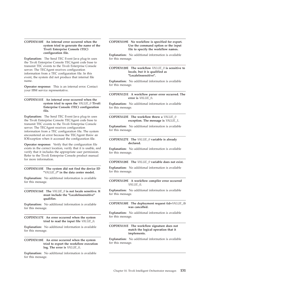 IBM 51 manual COPDEX127E The VALUE0 variable is already declared, COPDEX128E The VALUE0 variable does not exist 