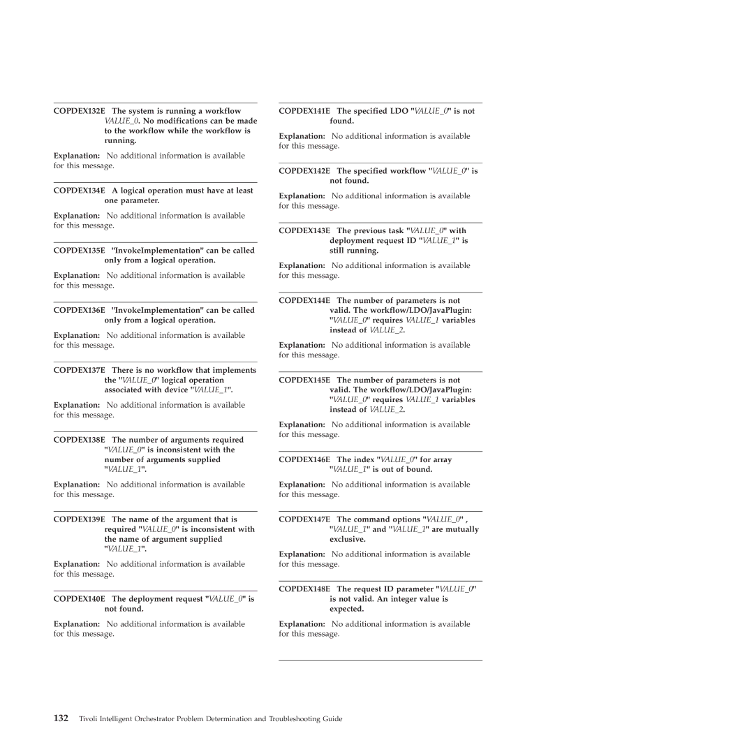 IBM 51 manual COPDEX140E The deployment request VALUE0 is not found, COPDEX141E The specified LDO VALUE0 is not found 