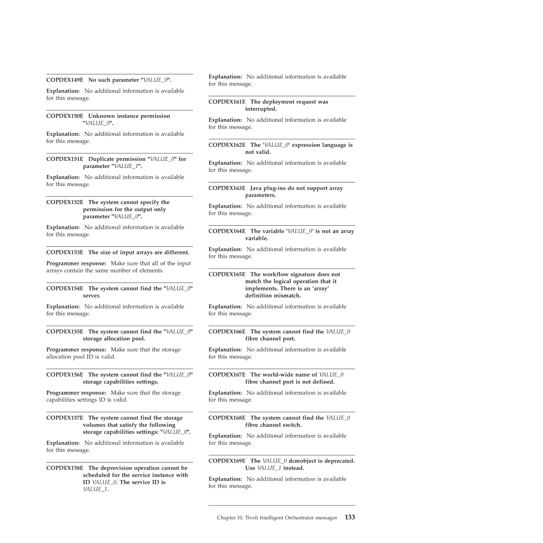 IBM 51 manual COPDEX149E No such parameter VALUE0, COPDEX150E Unknown instance permission VALUE0 