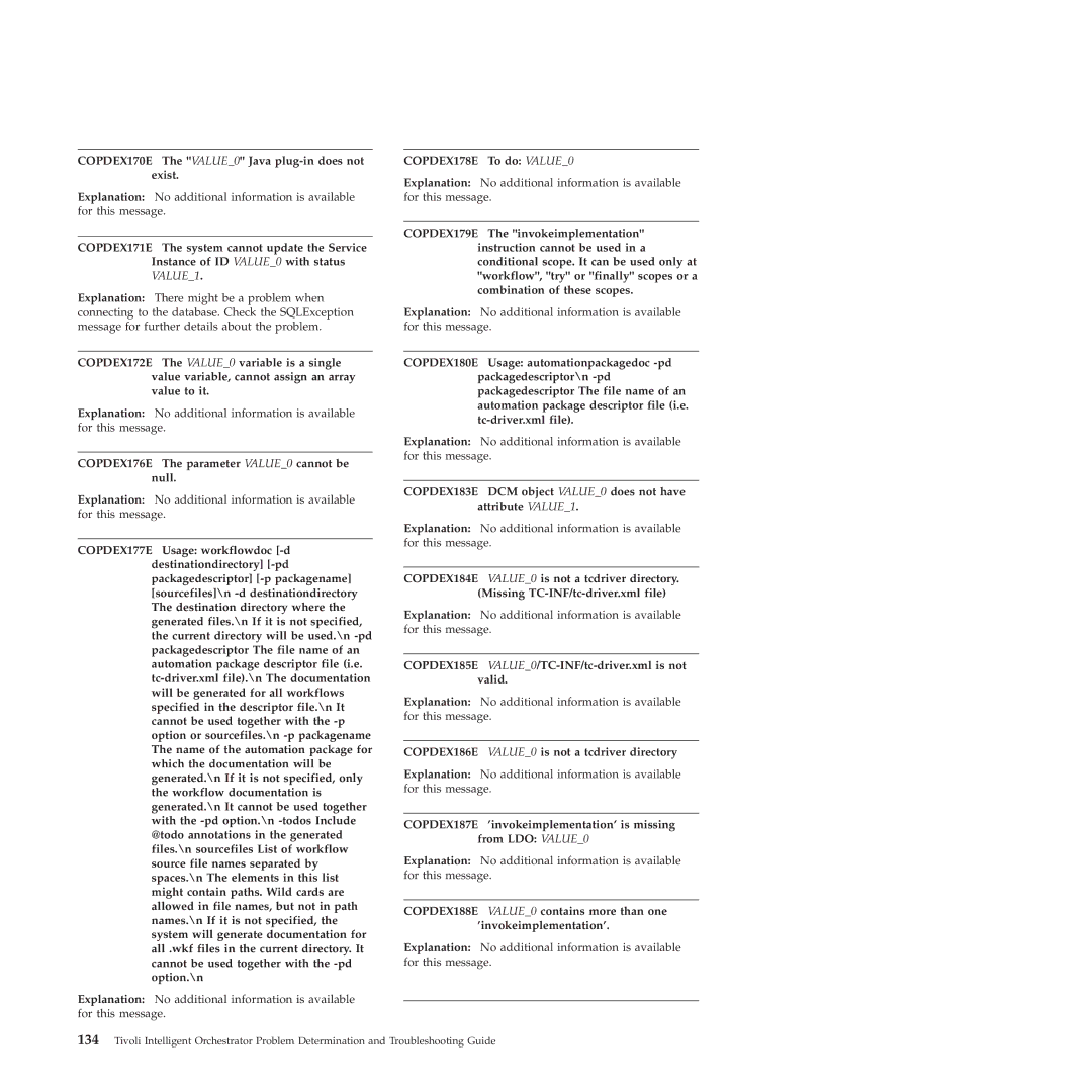 IBM 51 manual COPDEX170E The VALUE0 Java plug-in does not exist, COPDEX176E The parameter VALUE0 cannot be null 