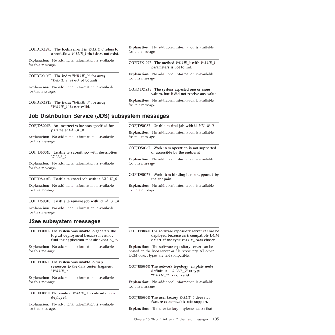 IBM 51 manual Job Distribution Service JDS subsystem messages, J2ee subsystem messages 