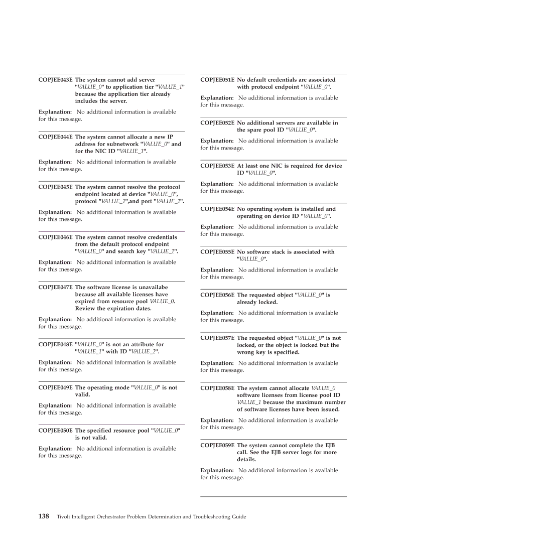 IBM 51 manual COPJEE049E The operating mode VALUE0 is not valid, COPJEE050E The specified resource pool VALUE0 is not valid 