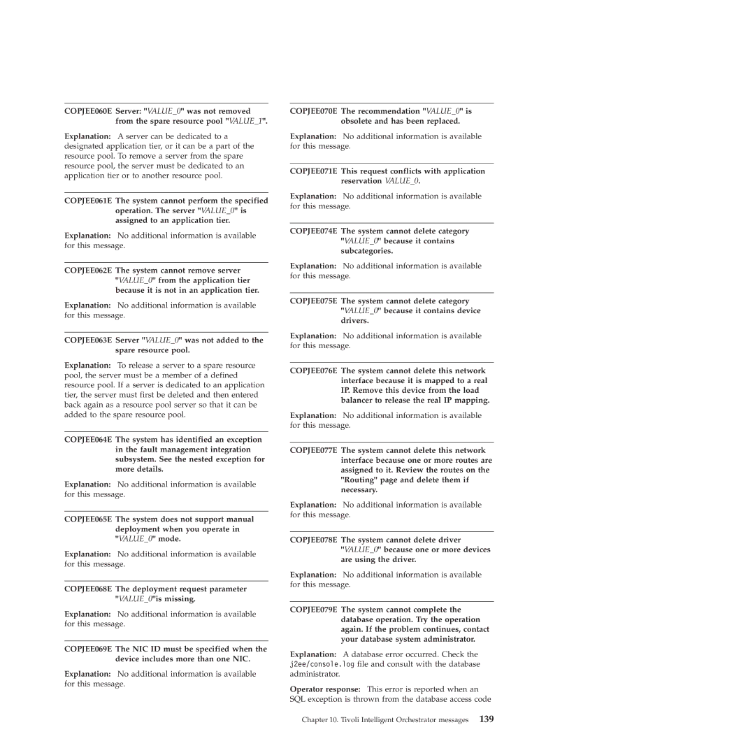 IBM 51 manual COPJEE068E The deployment request parameter VALUE0is missing 