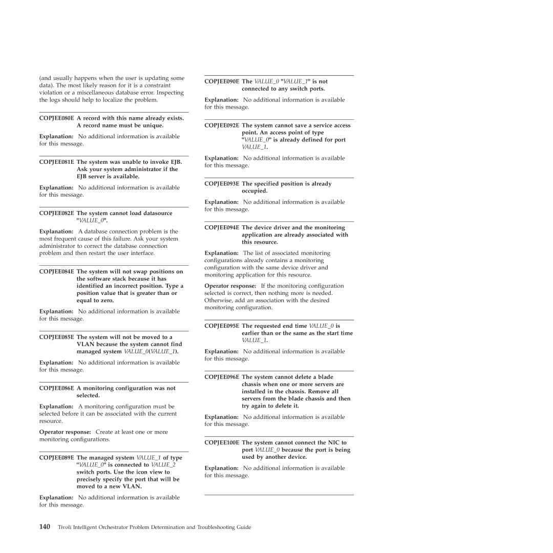 IBM 51 manual COPJEE082E The system cannot load datasource VALUE0, COPJEE086E a monitoring configuration was not selected 