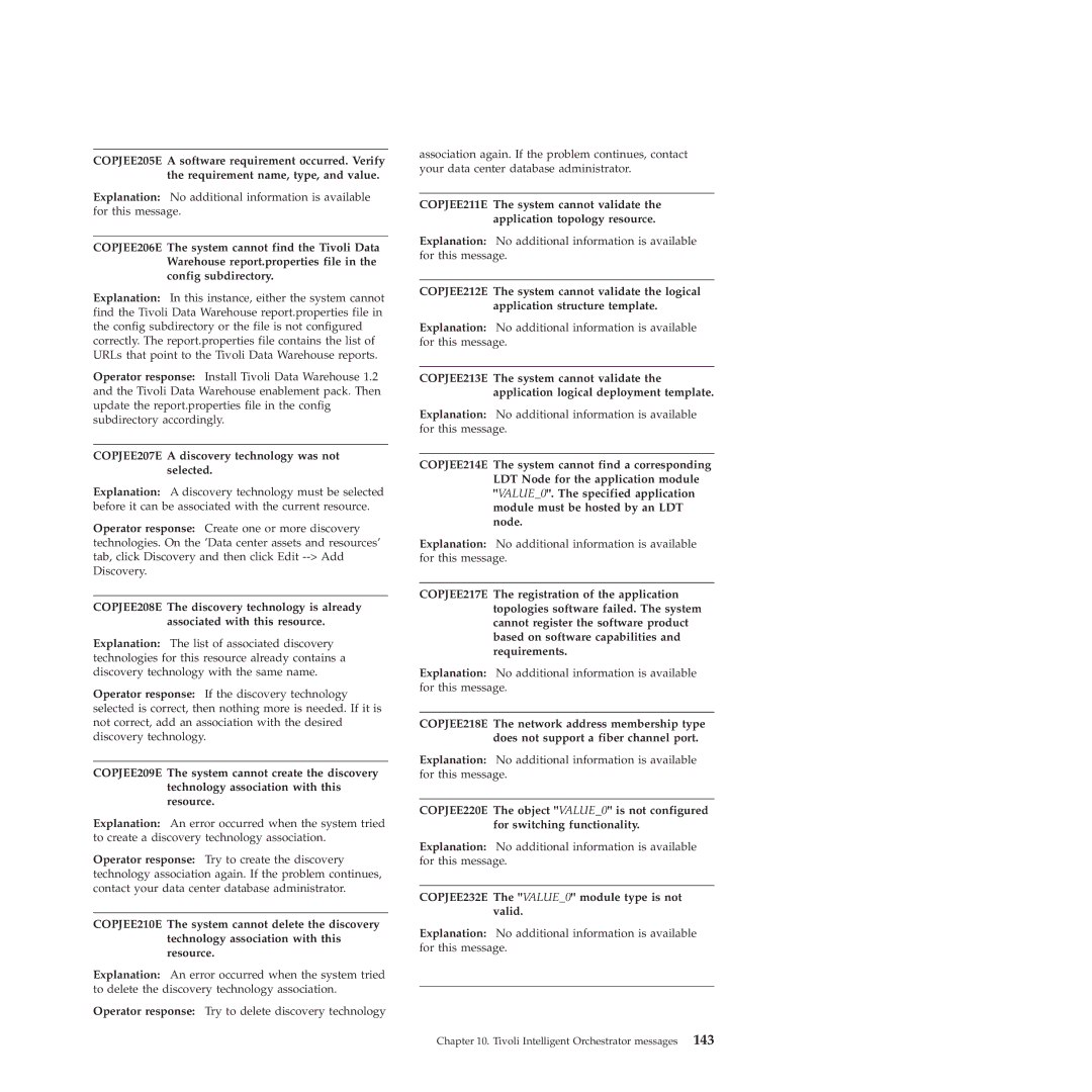 IBM 51 manual COPJEE207E a discovery technology was not selected, COPJEE232E The VALUE0 module type is not valid 